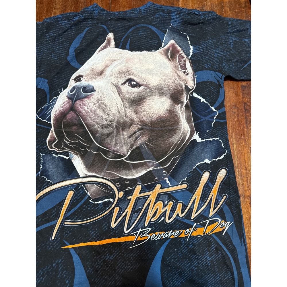 C&H Sportswear Pitbull Beware of Dog Graphic‎ T-Shirt Mens Medium Blue Black